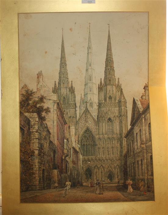 Thomas Cowlishaw (19thC), watercolour, Lichfield Cathedral, signed (unframed)
